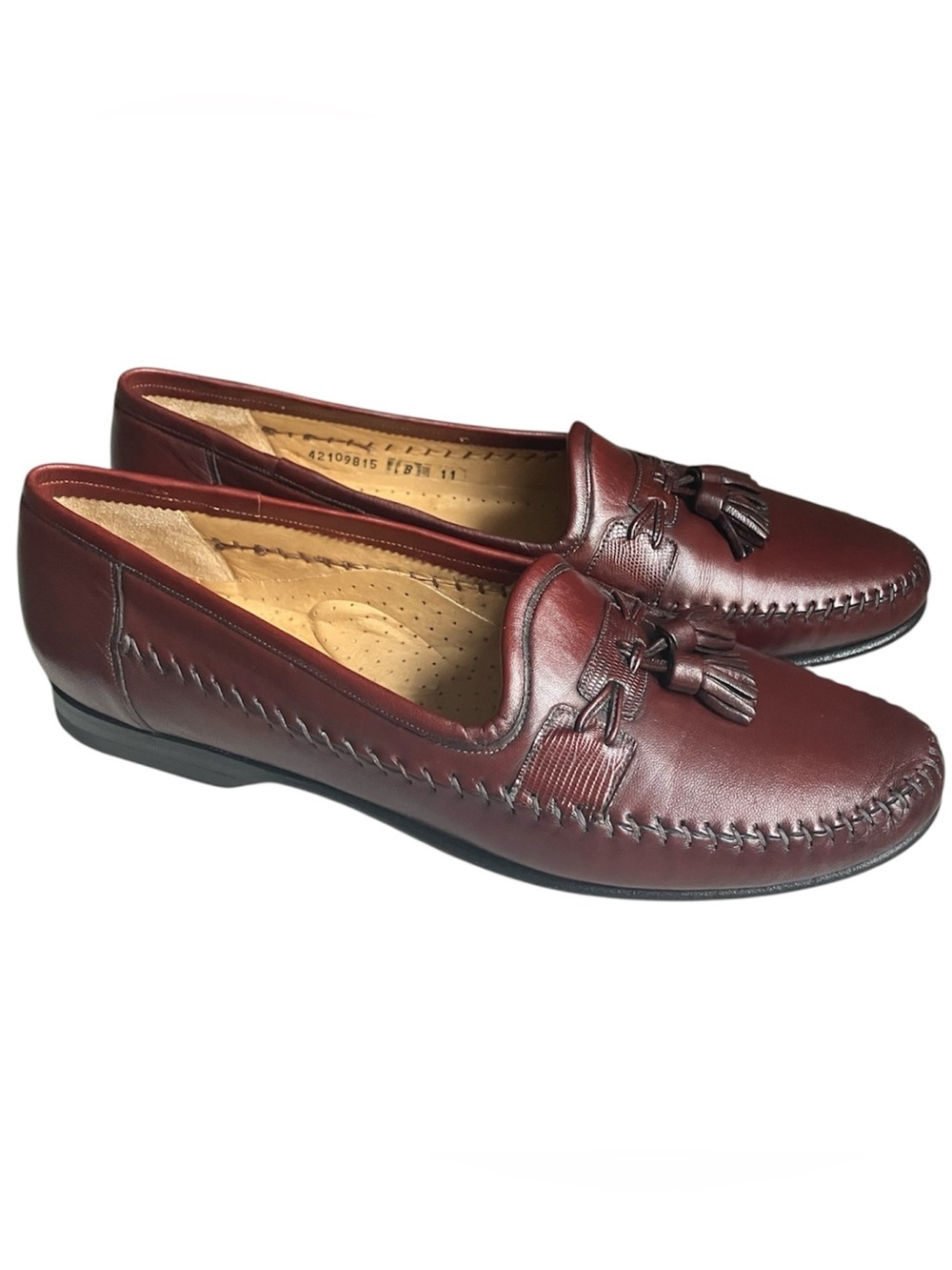 Santoni Leather Loafers Lizard Trim Tassel Burgundy Italy Men's 11 B LUXURY